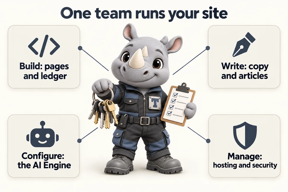 One team runs your site: Build: pages and ledger; Write: copy and articles; Configure: the AI Engine; Manage: hosting and security. Truss, the FacilityWebStudio rhino mascot, stands at the hub holding his key ring.