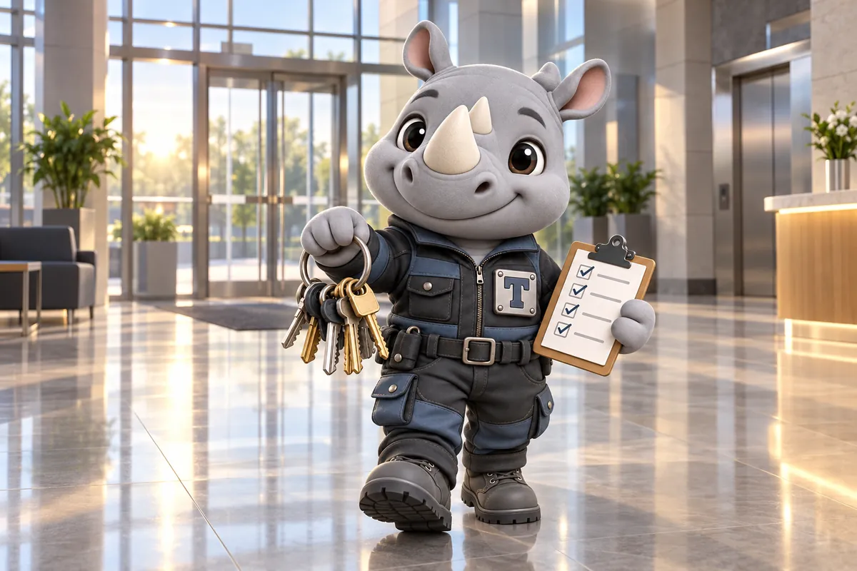 Truss, the FacilityWebStudio rhino mascot, walking the morning rounds through an empty office lobby with his key ring and clipboard