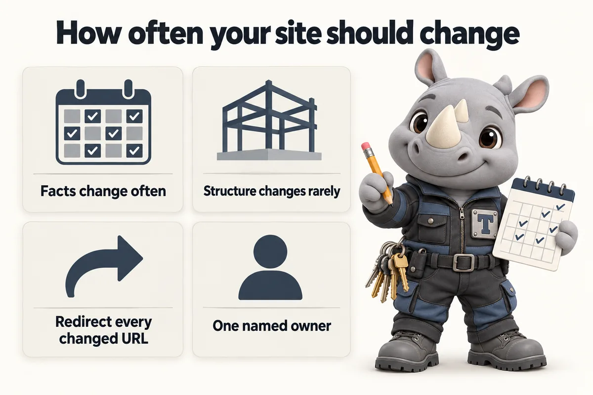 How often your site should change: Facts change often; Structure changes rarely; Redirect every changed URL; One named owner. Truss, the FacilityWebStudio rhino mascot, holds a calendar page.