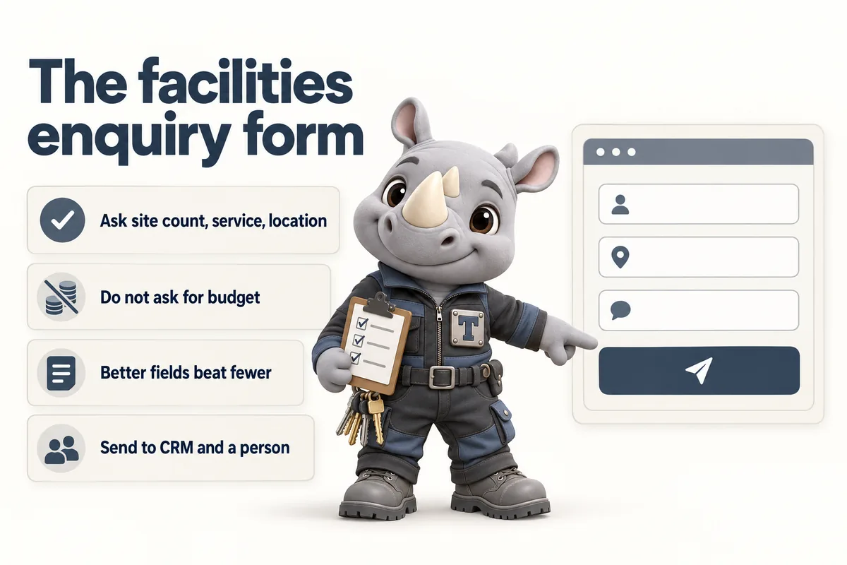 The facilities enquiry form: Ask site count, service, location; Do not ask for budget; Better fields beat fewer; Send to CRM and a person. Truss, the FacilityWebStudio rhino mascot, points at the send button.