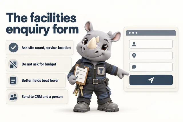 The facilities enquiry form: Ask site count, service, location; Do not ask for budget; Better fields beat fewer; Send to CRM and a person. Truss, the FacilityWebStudio rhino mascot, points at the send button.