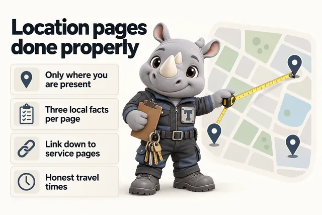 Location pages done properly: Only where you are present; Three local facts per page; Link down to service pages; Honest travel times. Truss, the FacilityWebStudio rhino mascot, measures between two map pins.