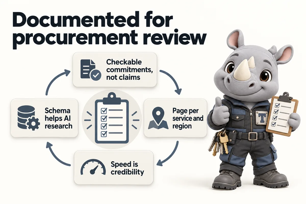 Documented for procurement review: Checkable commitments, not claims; Page per service and region; Speed is credibility; Schema helps AI research. Truss, the FacilityWebStudio rhino mascot, holds up his clipboard.