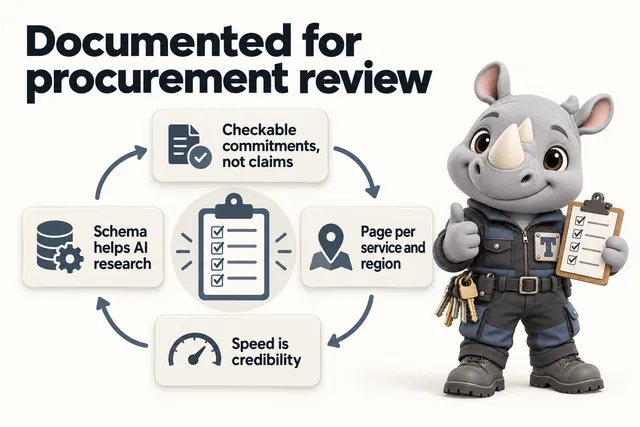 Documented for procurement review: Checkable commitments, not claims; Page per service and region; Speed is credibility; Schema helps AI research. Truss, the FacilityWebStudio rhino mascot, holds up his clipboard.