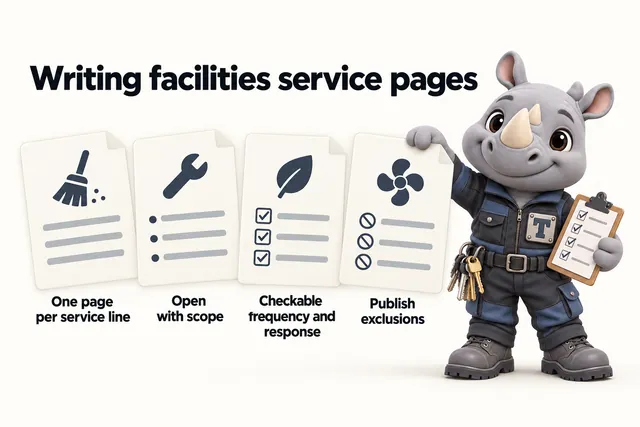 Writing facilities service pages: One page per service line; Open with scope; Checkable frequency and response; Publish exclusions. Truss, the FacilityWebStudio rhino mascot, places the last page card.