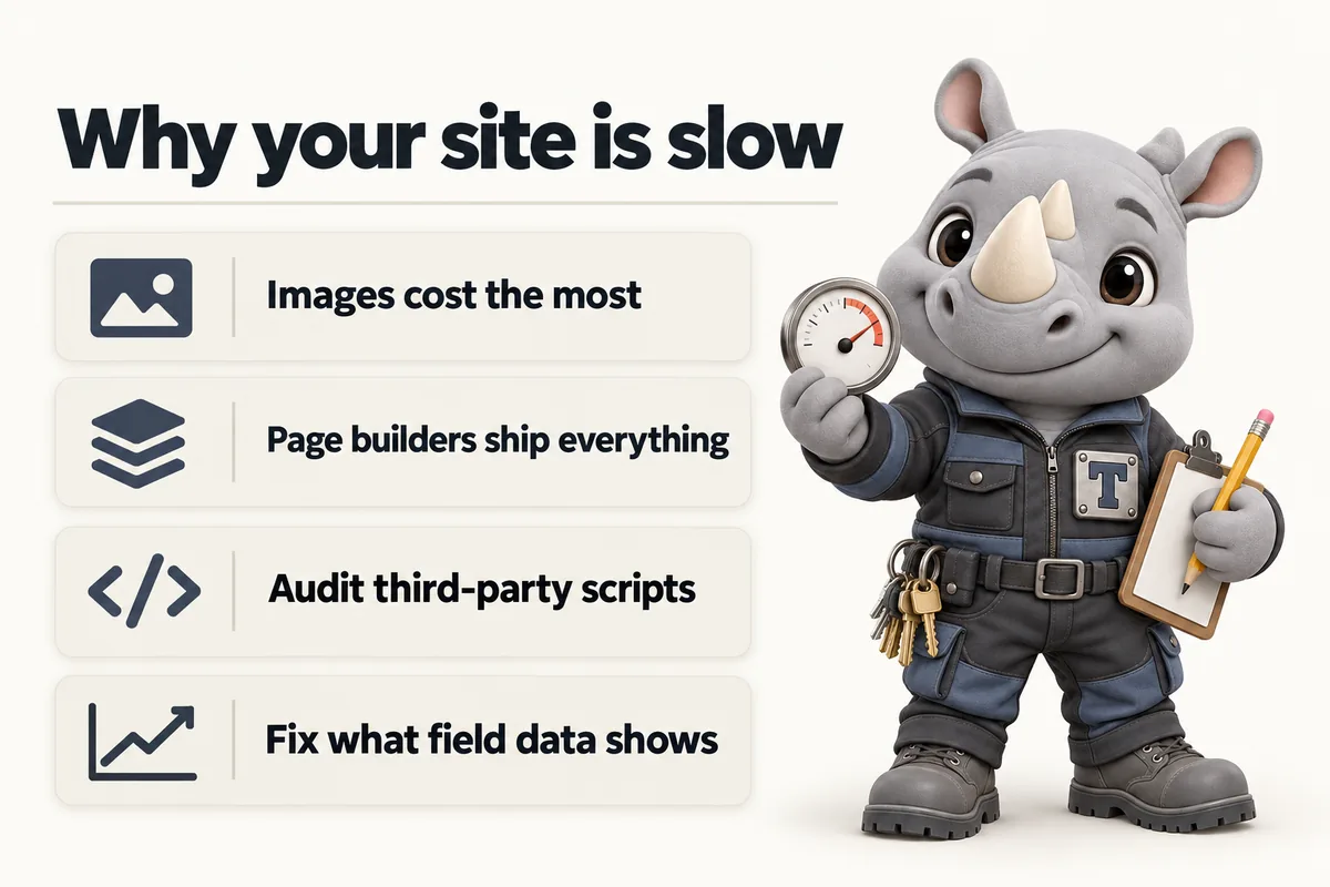 Why your site is slow: Images cost the most; Page builders ship everything; Audit third-party scripts; Fix what field data shows. Truss, the FacilityWebStudio rhino mascot, inspects a gauge.