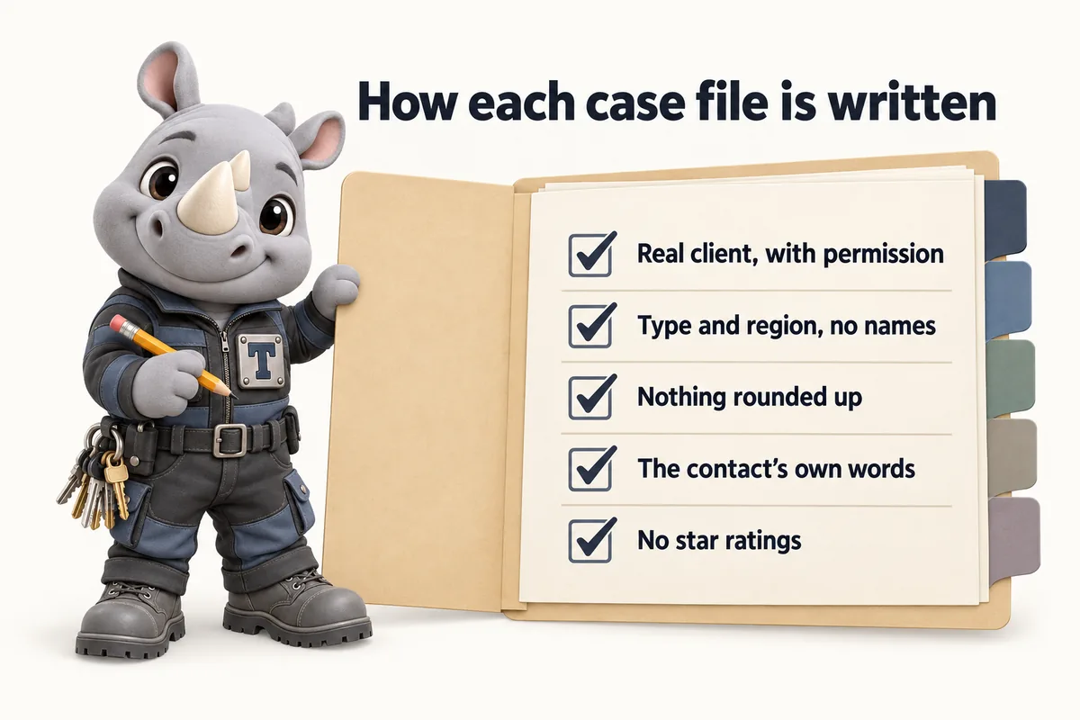 How each case file is written: Real client, with permission; Type and region, no names; Nothing rounded up; The contact's own words; No star ratings. Truss, the FacilityWebStudio rhino mascot, holds the open case file.