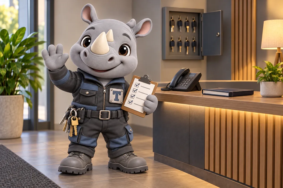 Truss, the FacilityWebStudio rhino mascot, waving hello from a tidy facilities front desk