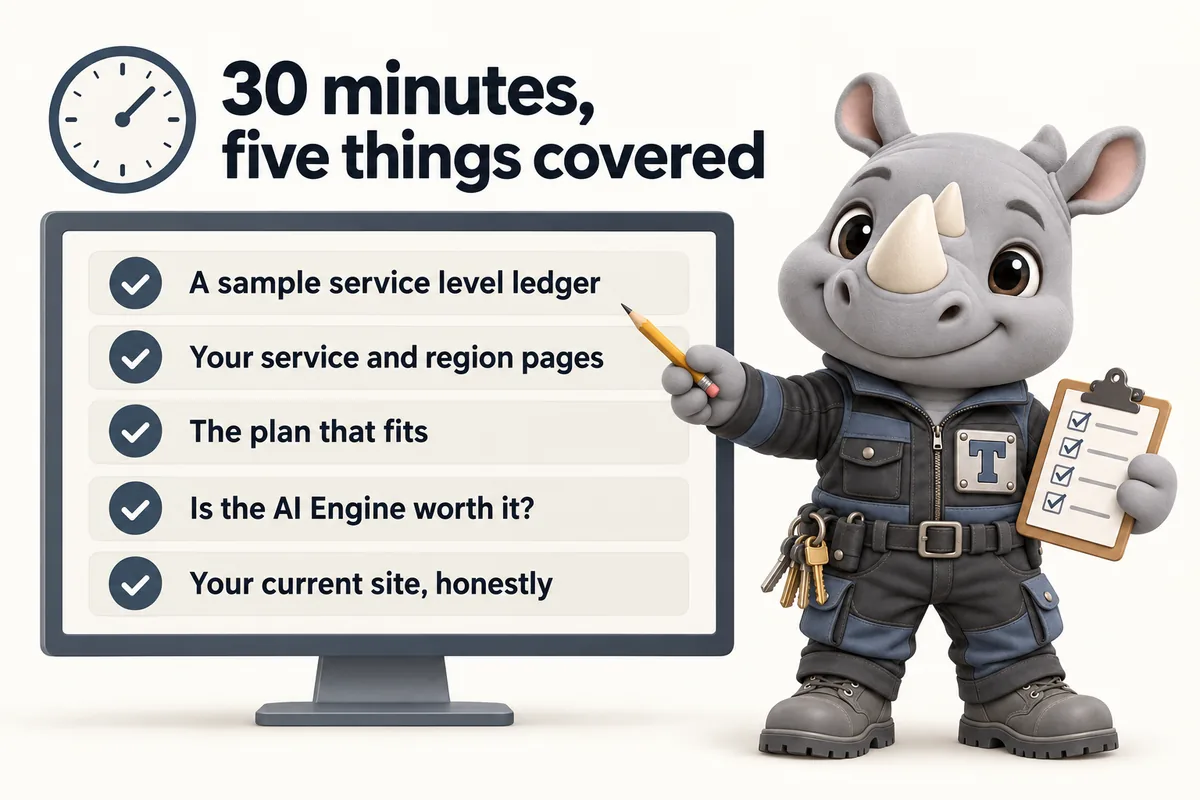 30 minutes, five things covered: A sample service level ledger; Your service and region pages; The plan that fits; Is the AI Engine worth it?; Your current site, honestly. Truss, the FacilityWebStudio rhino mascot, points at the agenda on a screen.
