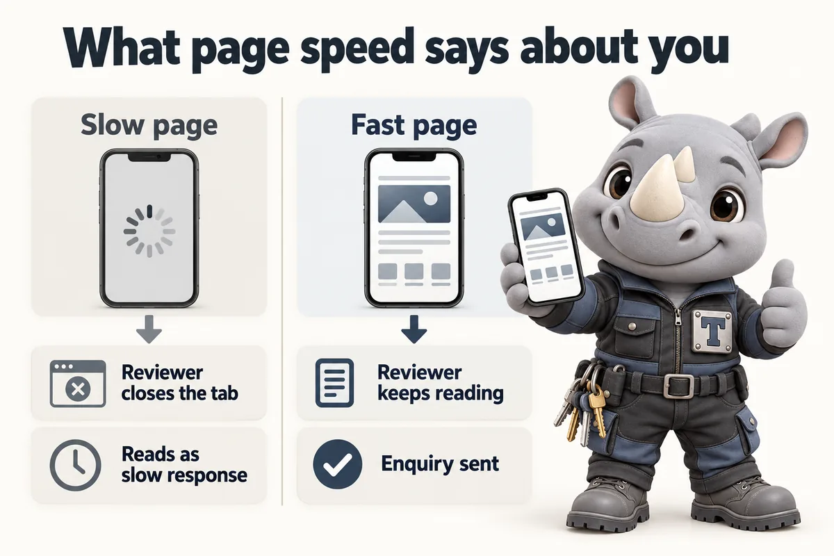 What page speed says about you: Slow page: reviewer closes the tab, reads as slow response; Fast page: reviewer keeps reading, enquiry sent. Truss, the FacilityWebStudio rhino mascot, gives a thumbs up on the fast side.