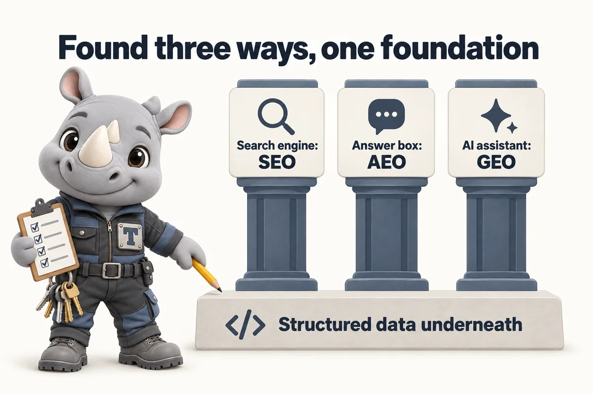 Found three ways, one foundation: Search engine: SEO; Answer box: AEO; AI assistant: GEO; Structured data underneath. Truss, the FacilityWebStudio rhino mascot, points at the foundation.