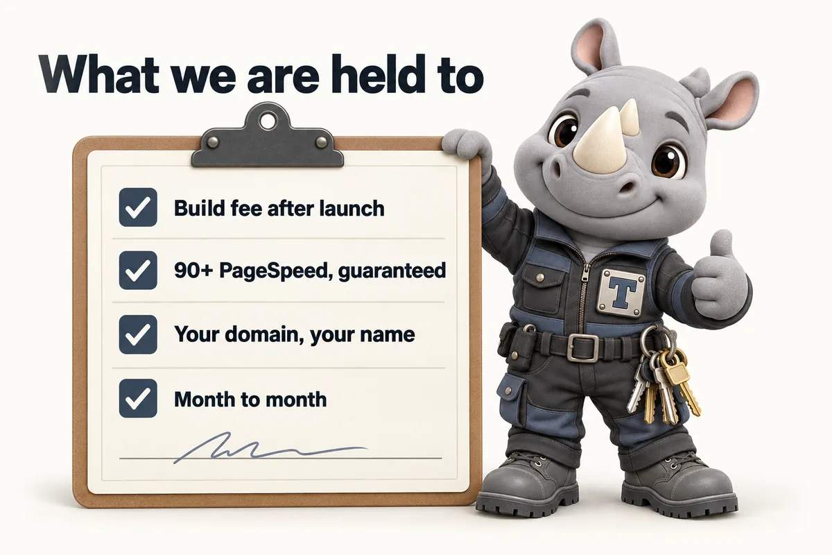 What we are held to: Build fee after launch; 90+ PageSpeed, guaranteed; Your domain, your name; Month to month. Truss, the FacilityWebStudio rhino mascot, holds up the signed sheet with a thumbs up.