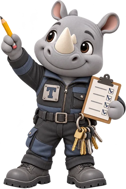 Truss, the FacilityWebStudio rhino mascot, pointing his pencil up at the service level ledger