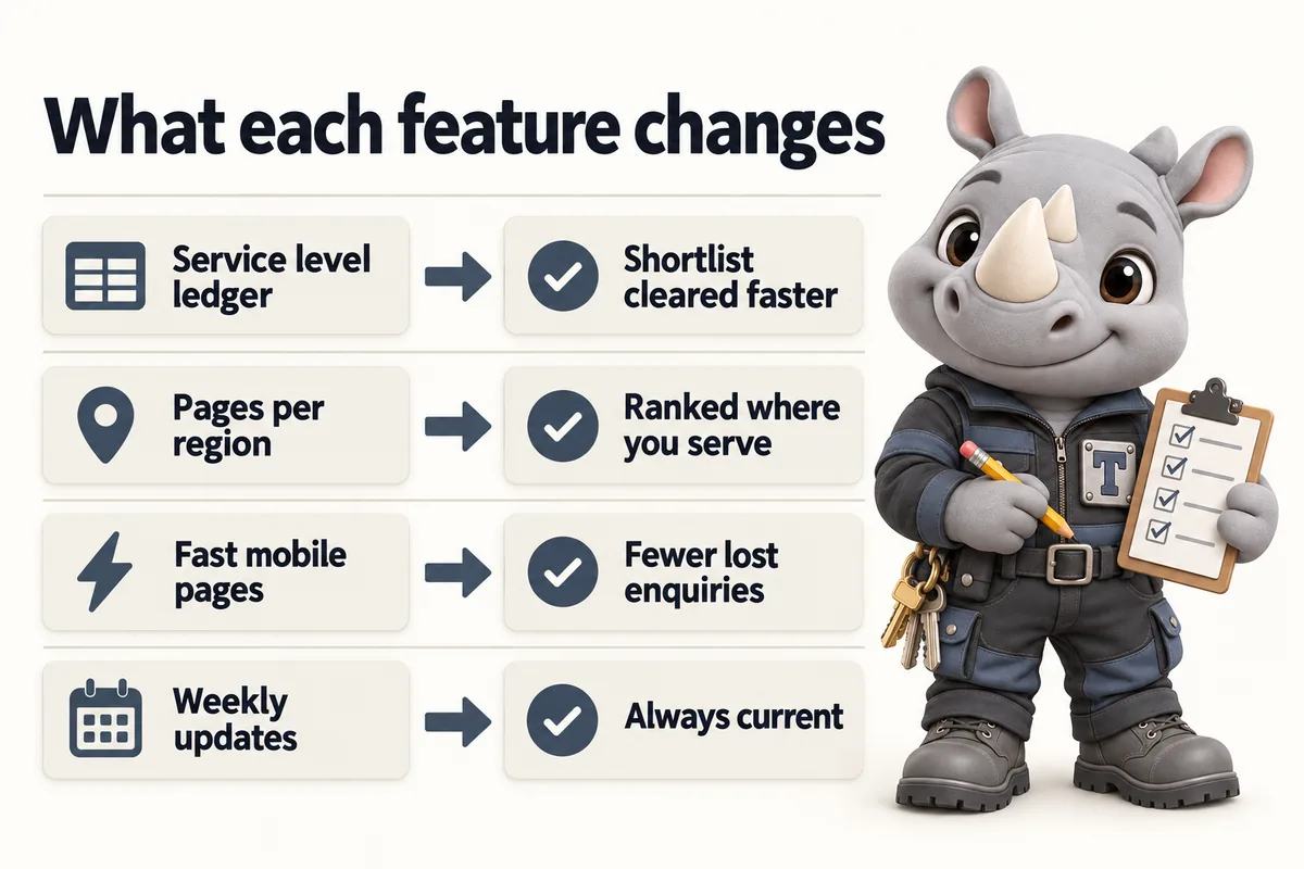 What each feature changes: Service level ledger, shortlist cleared faster; Pages per region, ranked where you serve; Fast mobile pages, fewer lost enquiries; Weekly updates, always current. Truss, the FacilityWebStudio rhino mascot, ticks the outcome column.