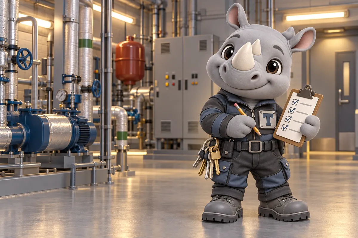 Truss, the FacilityWebStudio rhino mascot, ticking the last box on his clipboard in a tidy building plant room