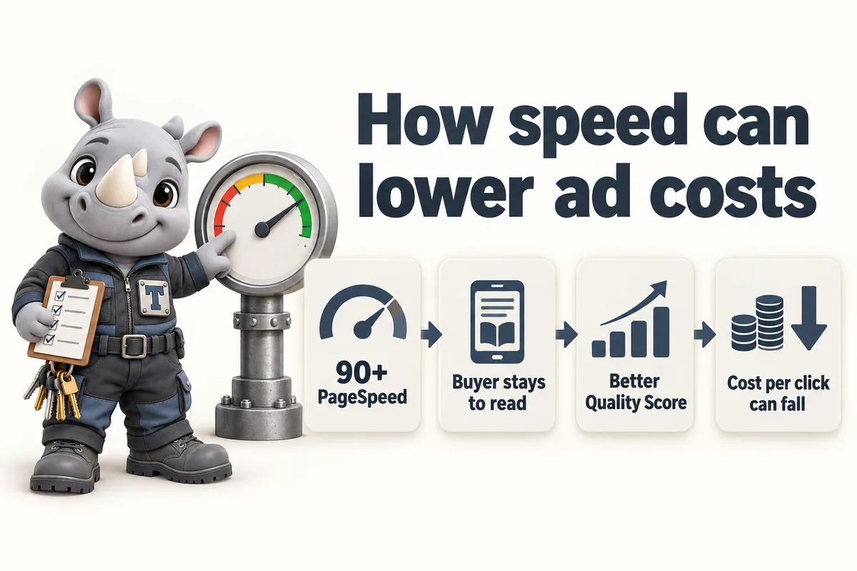 How speed can lower ad costs: 90+ PageSpeed; Buyer stays to read; Better Quality Score; Cost per click can fall. Truss, the FacilityWebStudio rhino mascot, taps a pressure gauge reading high.
