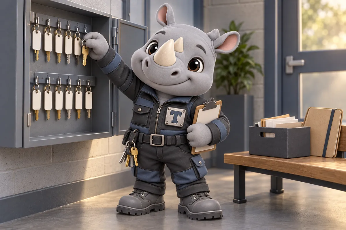 Truss, the FacilityWebStudio rhino mascot, hanging a key in an orderly wall key cabinet
