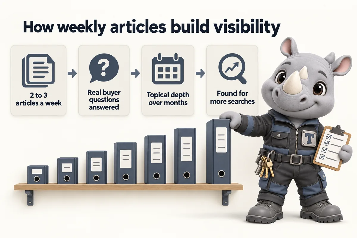 How weekly articles build visibility: 2 to 3 articles a week; Real buyer questions answered; Topical depth over months; Found for more searches. Truss, the FacilityWebStudio rhino mascot, shelves another binder.