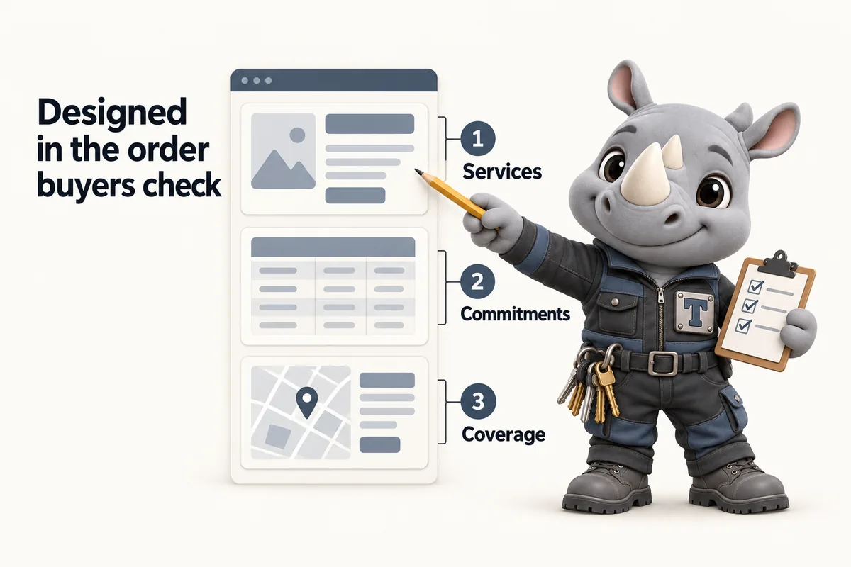 Designed in the order buyers check: 1 Services; 2 Commitments; 3 Coverage. Truss, the FacilityWebStudio rhino mascot, points at the first band of a page wireframe.