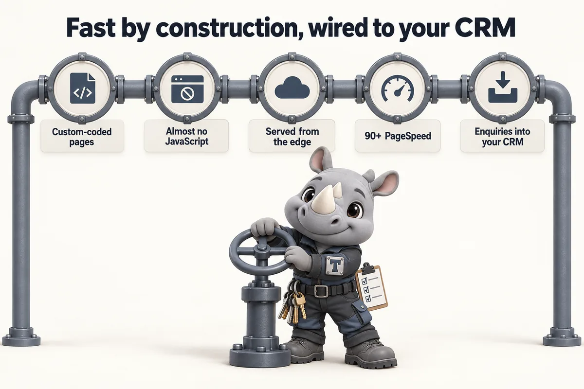 Fast by construction, wired to your CRM: Custom-coded pages; Almost no JavaScript; Served from the edge; 90+ PageSpeed; Enquiries into your CRM. Truss, the FacilityWebStudio rhino mascot, turns a valve on the pipeline.