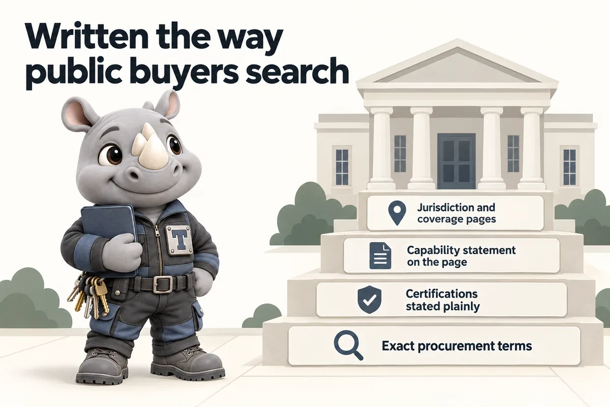 Written the way public buyers search: Exact procurement terms; Certifications stated plainly; Capability statement on the page; Jurisdiction and coverage pages. Truss, the FacilityWebStudio rhino mascot, holds a capability folder beside a civic building.