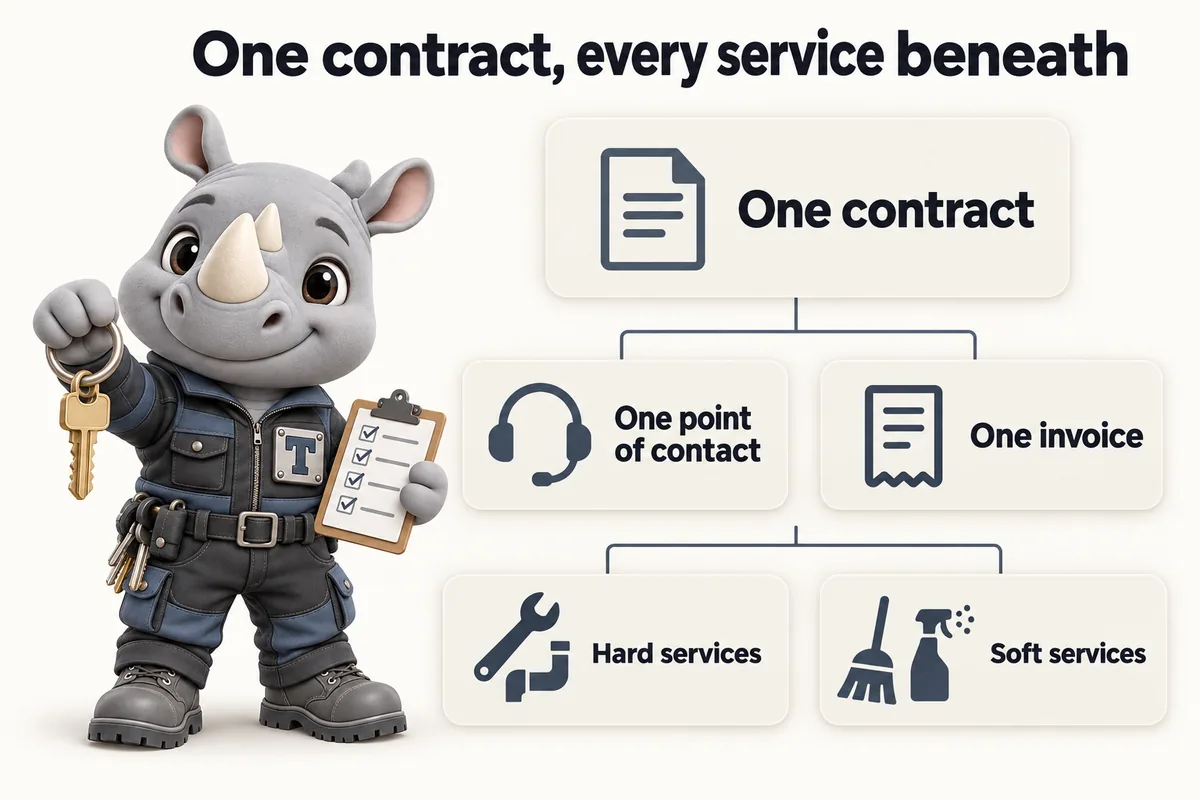 One contract, every service beneath: One contract; One point of contact; One invoice; Hard services; Soft services. Truss, the FacilityWebStudio rhino mascot, holds up a single key.