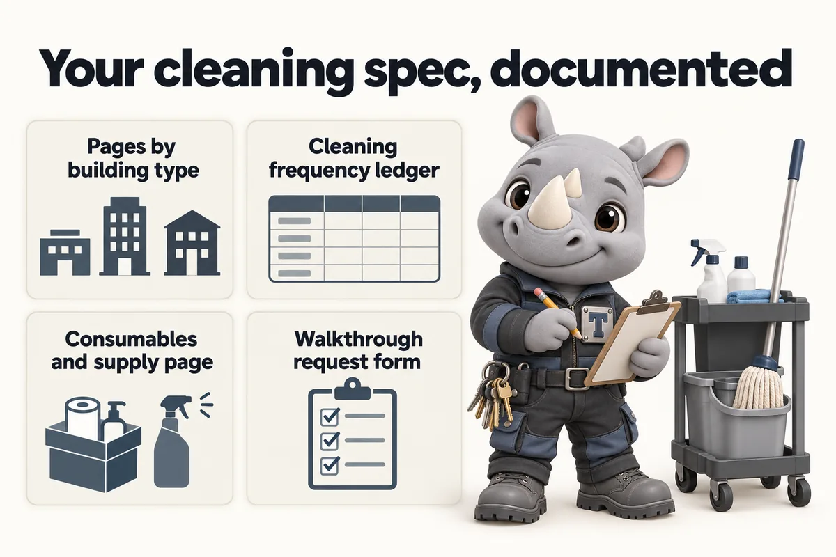 Your cleaning spec, documented: Pages by building type; Cleaning frequency ledger; Consumables and supply page; Walkthrough request form. Truss, the FacilityWebStudio rhino mascot, stands beside a cleaning cart ticking his clipboard.