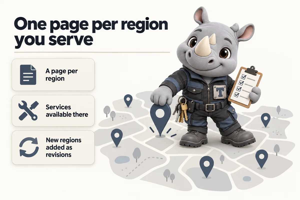 One page per region you serve: A page per region; Services available there; New regions added as revisions. Truss, the FacilityWebStudio rhino mascot, presses a new pin into an abstract map.