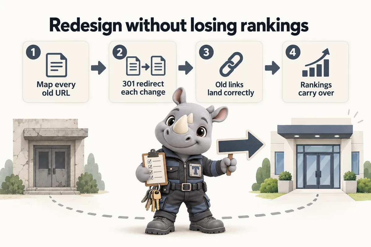Redesign without losing rankings: Map every old URL; 301 redirect each change; Old links land correctly; Rankings carry over. Truss, the FacilityWebStudio rhino mascot, holds a direction sign from the old building to the new one.