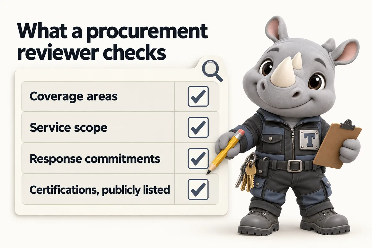 What a procurement reviewer checks: Coverage areas; Service scope; Response commitments; Certifications, publicly listed. Truss, the FacilityWebStudio rhino mascot, ticks the last row of the matrix.