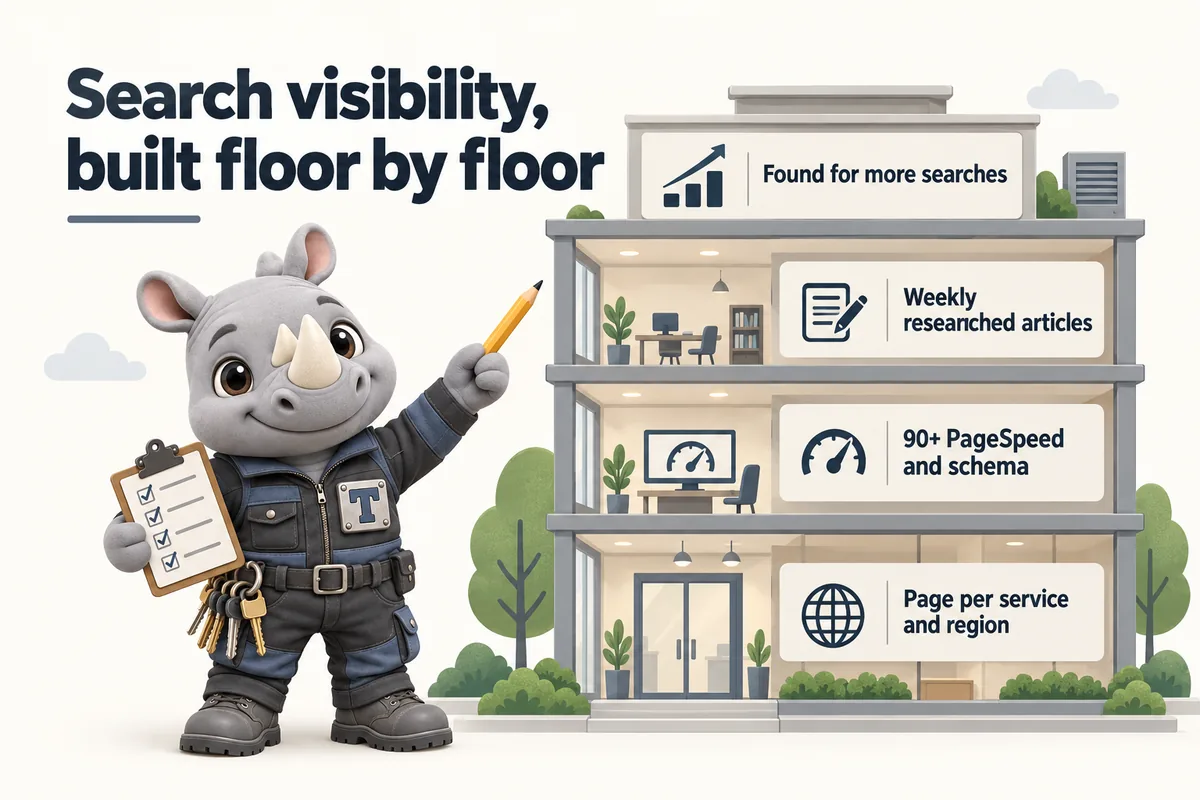 Search visibility, built floor by floor: Page per service and region; 90+ PageSpeed and schema; Weekly researched articles; Found for more searches. Truss, the FacilityWebStudio rhino mascot, points up the floors of a building.