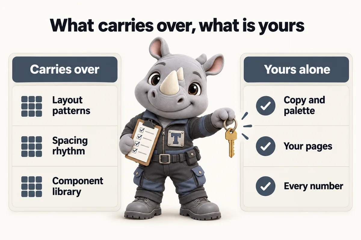 What carries over, what is yours: Carries over: layout patterns, spacing rhythm, component library; Yours alone: copy and palette, your pages, every number. Truss, the FacilityWebStudio rhino mascot, hands a key to the side that is yours.